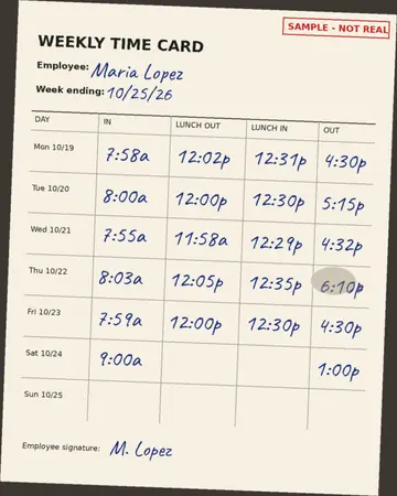 Photo of a sample paper timecard for Maria Lopez, week ending 10/25/26, with handwritten in, lunch and out times. Thursday's out time is smudged.
